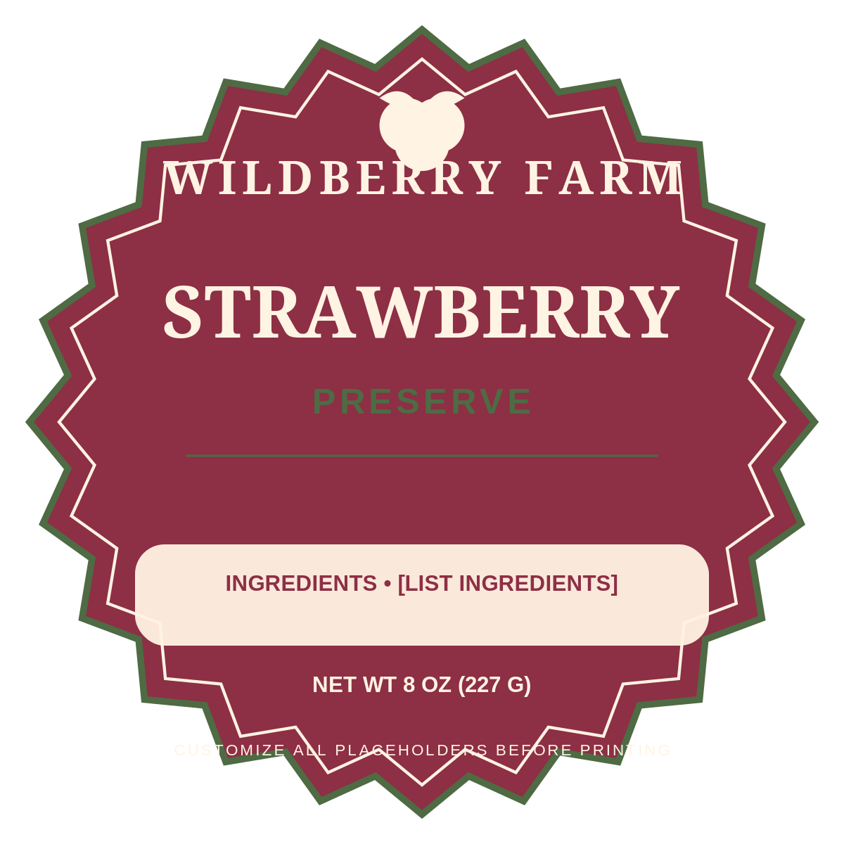 Wildberry Farm Strawberry Preserve ready label template