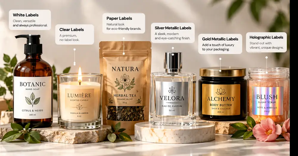 Six Labelay label materials shown on soap, candle, tea, perfume, body butter and scrub packaging